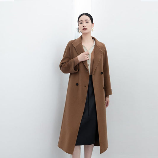 Camel Double Breasted Wool Coats with Belt - SHIMENG
