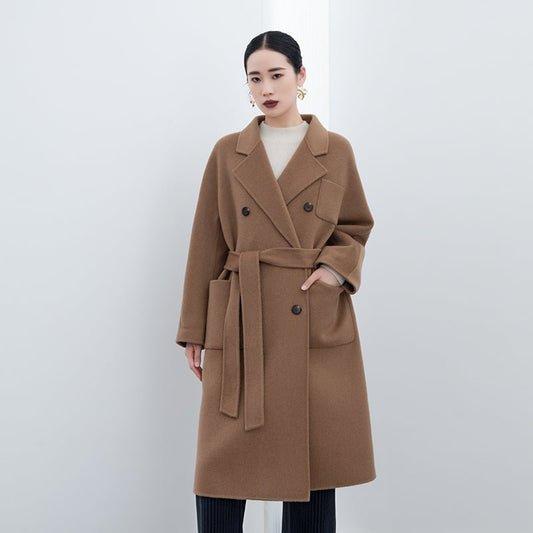 Camel Long Double Breasted Wool Coats - SHIMENG