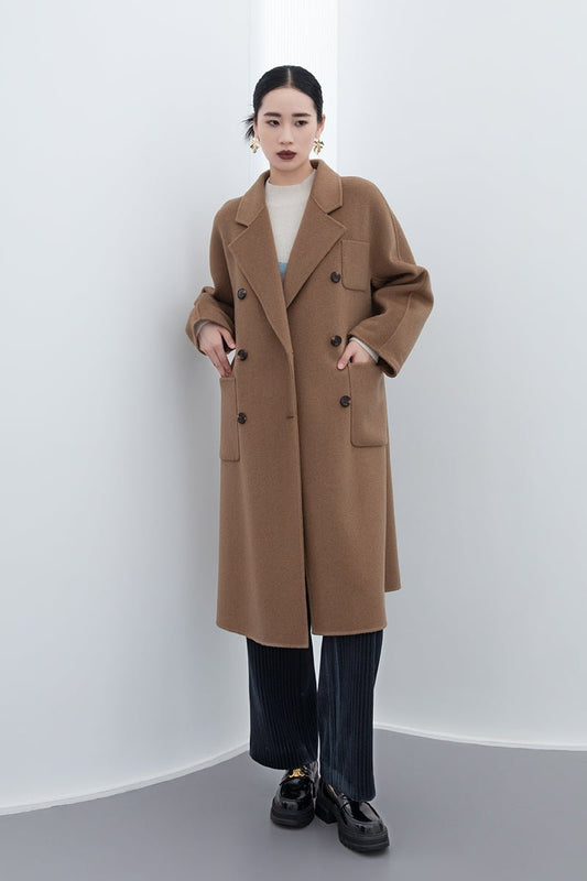 Camel Long Double Breasted Wool Coats - SHIMENG
