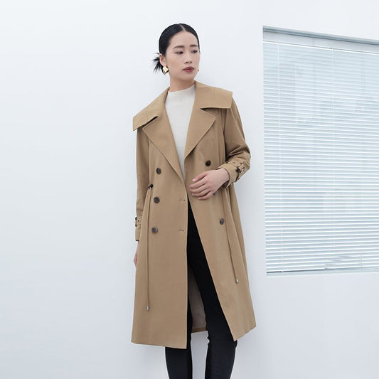 Camel Long Trench Coats Big Collar Double Breasted - SHIMENG