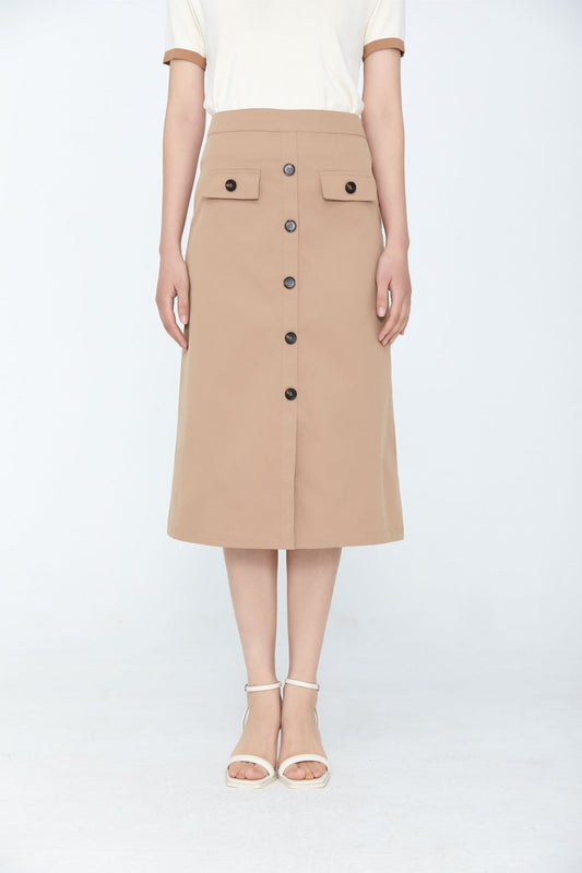 Camel Midi Skirt With Button A Shape - SHIMENG