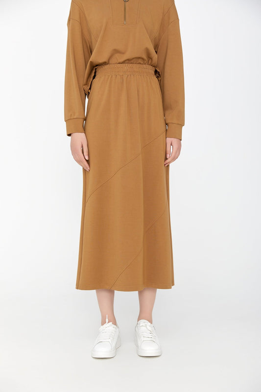 Camel Split Elastic Waist Maxi Skirt - SHIMENG