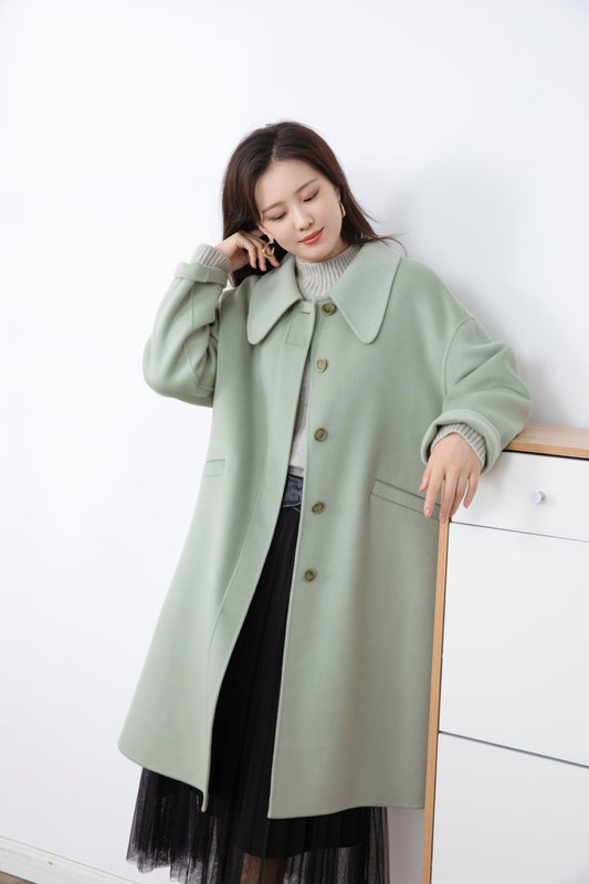 Citron Green Double-sided Wool Long Trench Coat - SHIMENG