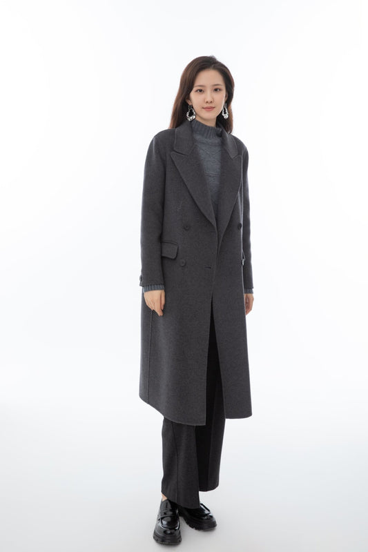 Classic Gray Trench Coat with Blazer-Inspired Collar - SHIMENG