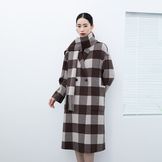 Dark Brown Grid Pattern Long Wool Coats with Scarf - SHIMENG