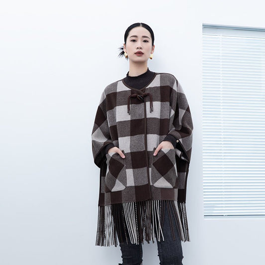 Dark Brown Grid Pattern Tassel Cloak Coats - SHIMENG