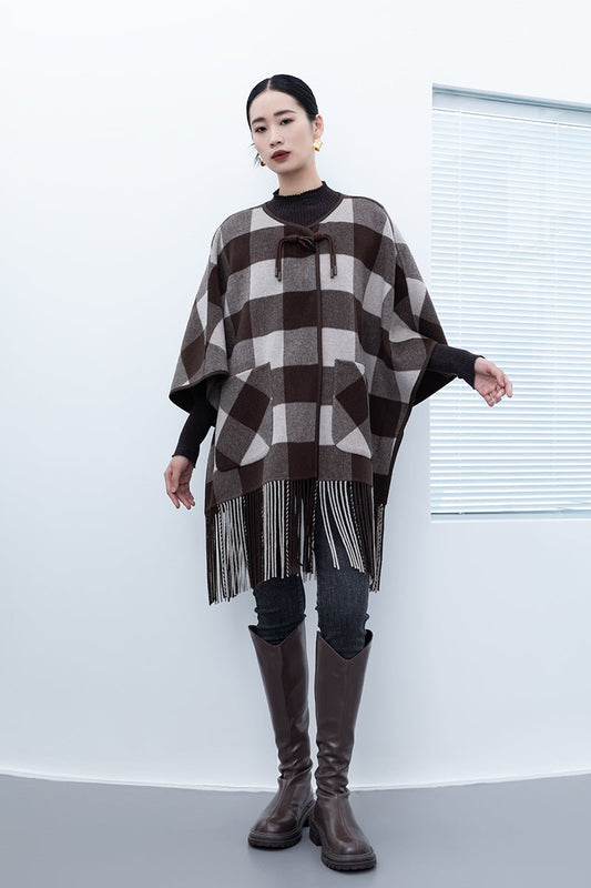 Dark Brown Grid Pattern Tassel Cloak Coats - SHIMENG