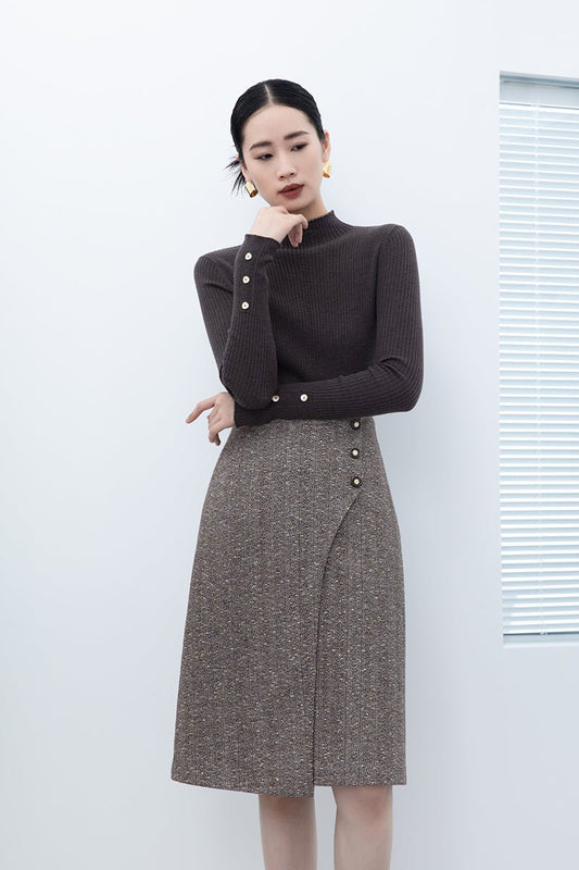 Dark Brown Irregular Split Wool Midi Skirts - SHIMENG