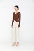 Dark Brown Slim Fit V Neck Knit Sweater - SHIMENG