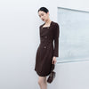 Dark Brown Waisted Long Sleeve Midi Dresses - SHIMENG