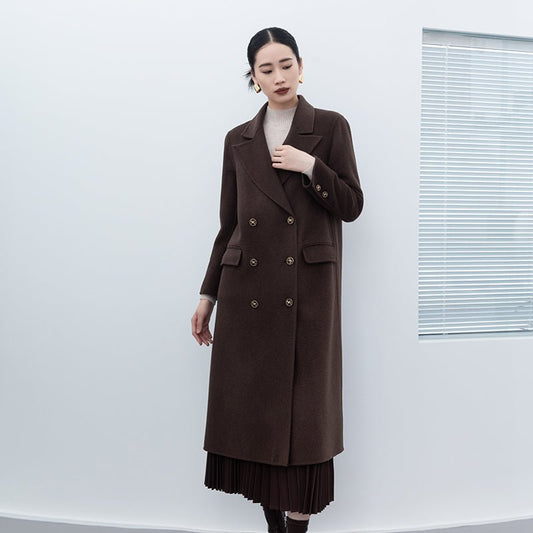 Dark Brown Wool Double Breasted Long Coat - SHIMENG