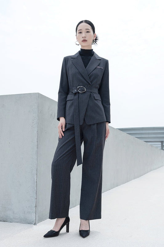 Dark Grey Stripe Suit Pants - SHIMENG