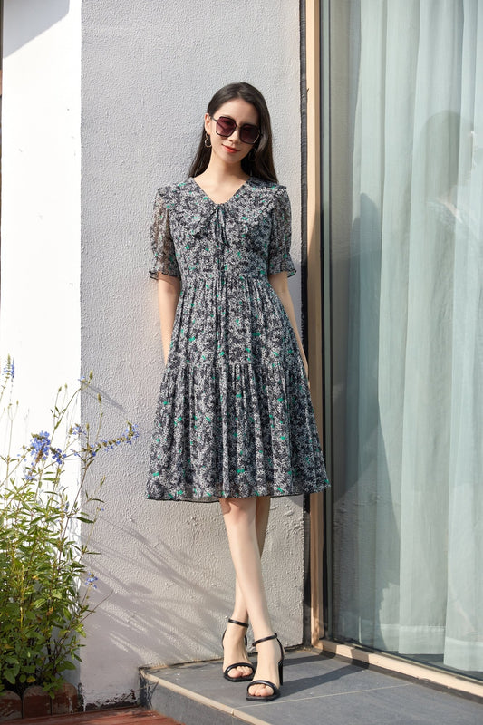 Ditsy Floral Pleated Lace Collar Midi Dresses - SHIMENG