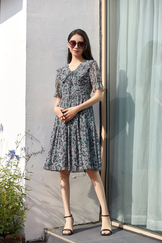 Ditsy Floral Pleated Lace Collar Midi Dresses - SHIMENG