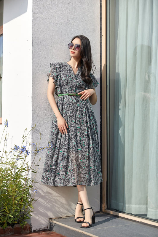 Ditsy Floral Short Sleeve Waisted Maxi Dresses - SHIMENG