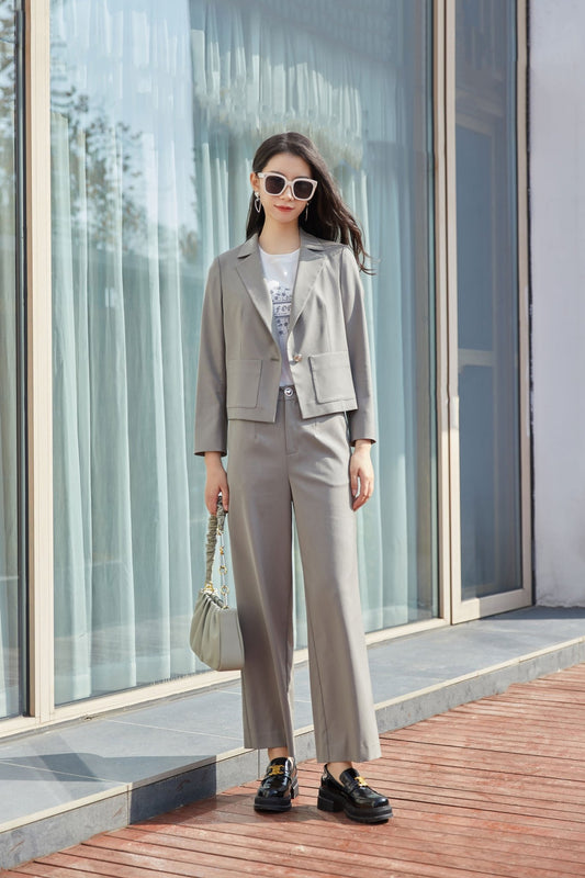 Dolphin Gray Blazer Suit Office Outfits - SHIMENG