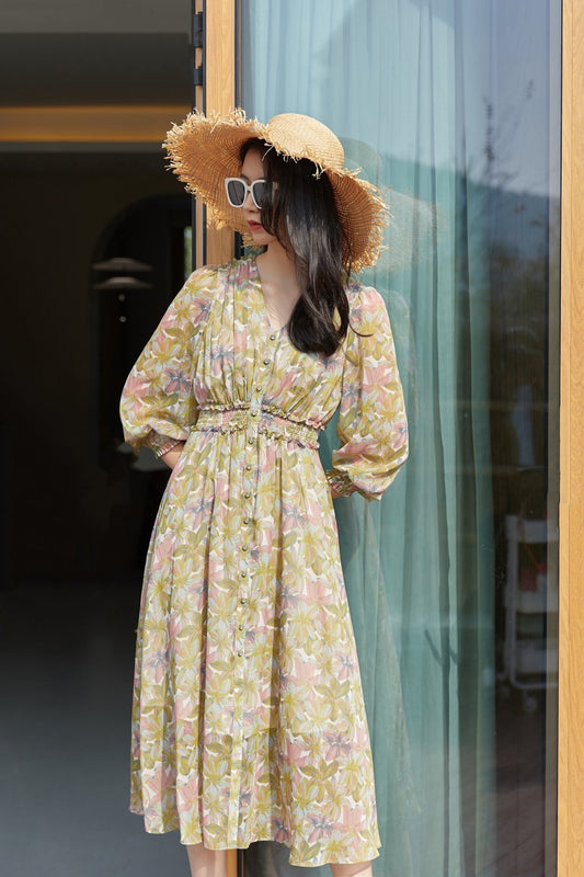 Floral High Waist Maxi Dress Long Sleeve - SHIMENG
