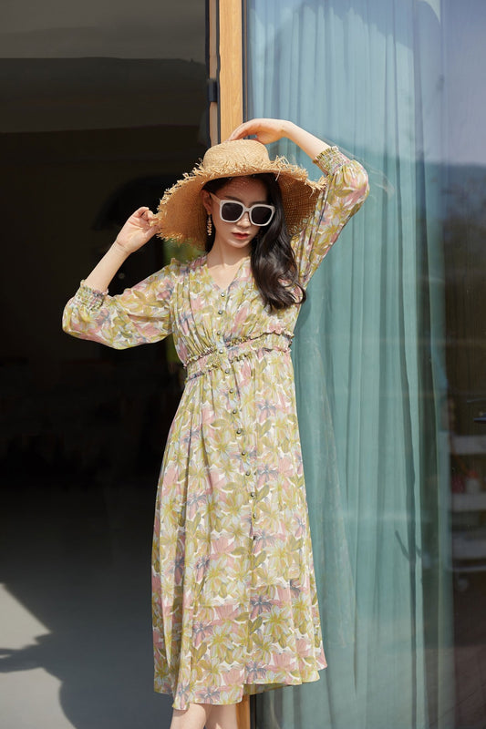 Floral High Waist Maxi Dress Long Sleeve - SHIMENG