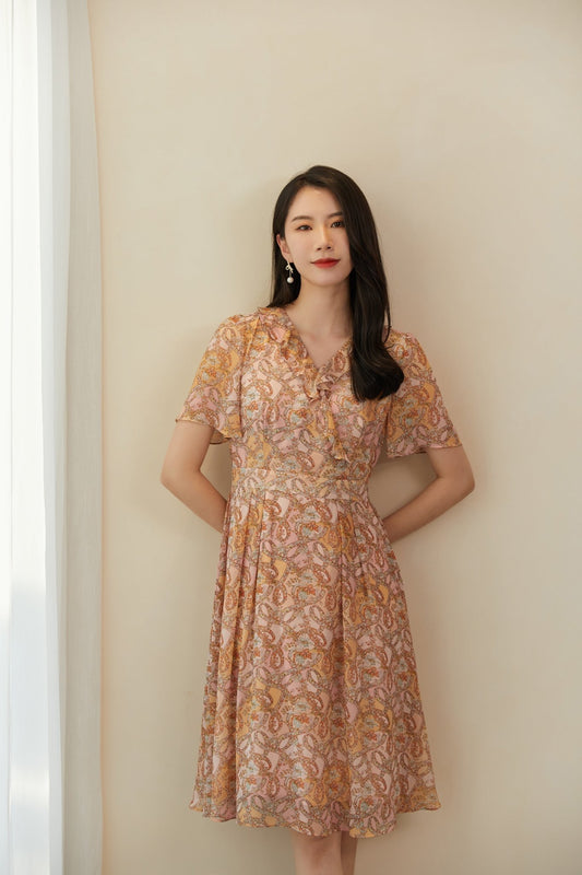 Floral Print Waist Midi Dress - SHIMENG