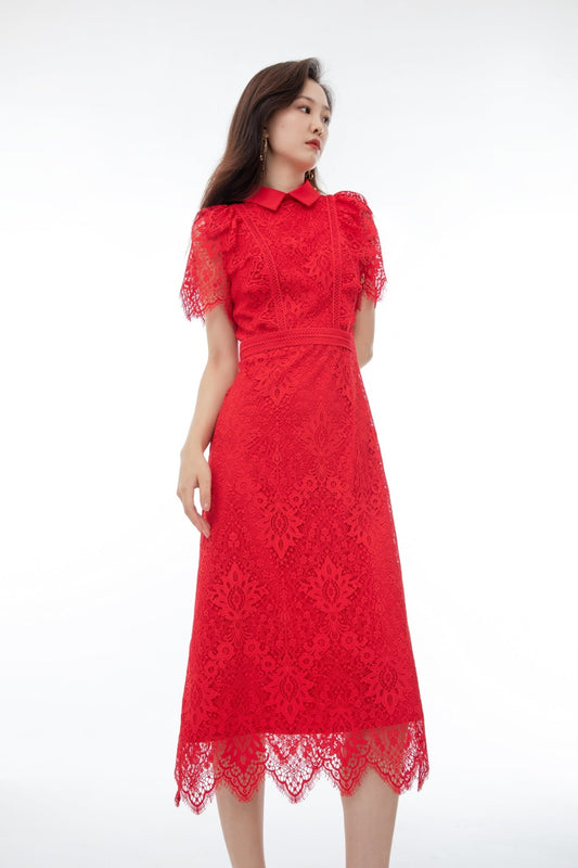Garnet Red Lace Dress - SHIMENG