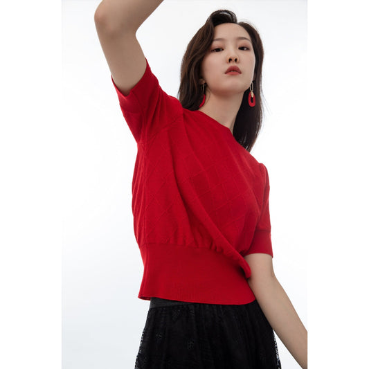 Garnet Red Short Sleeve Sweater - SHIMENG