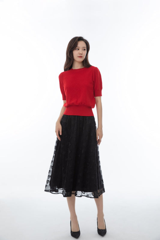 Garnet Red Short Sleeve Sweater - SHIMENG