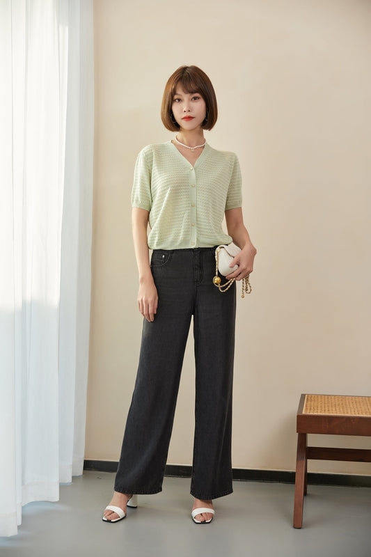 Grass Green Knitted Button Up Short Sleeve T-shirt - SHIMENG