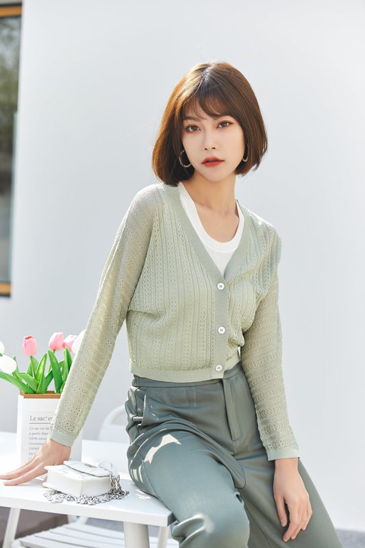 Grass Green Knitted Hollow Cardigan - SHIMENG