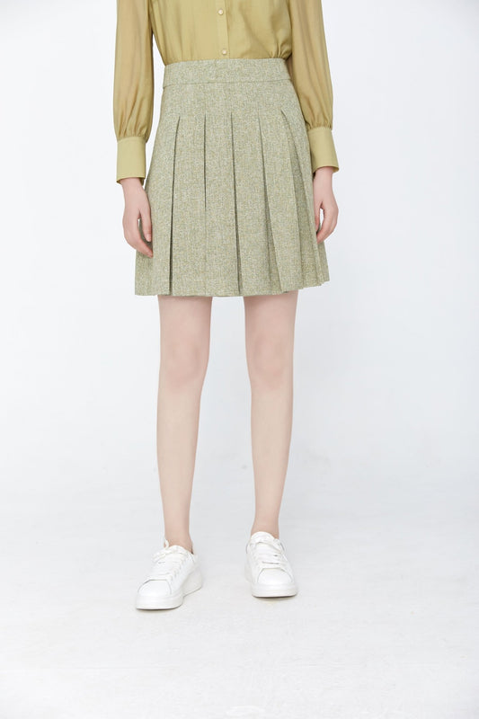 Grass Green Short High Waist Pleated Skirts - SHIMENG