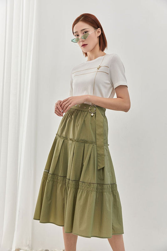 Green Folds Midi Skirt with Belt - SHIMENG