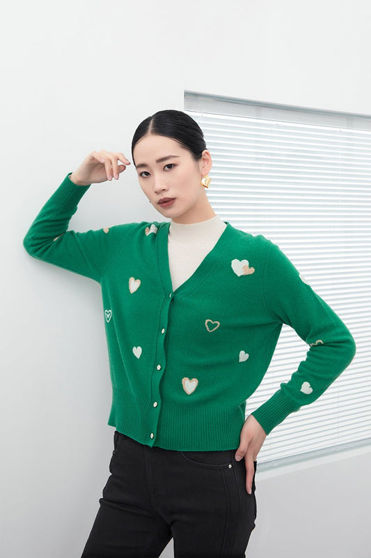 Green Heart Pattern Cardigan - SHIMENG