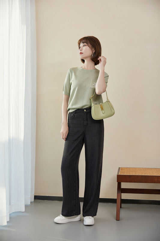 Green Short Sleeve Knit T-shirt - SHIMENG