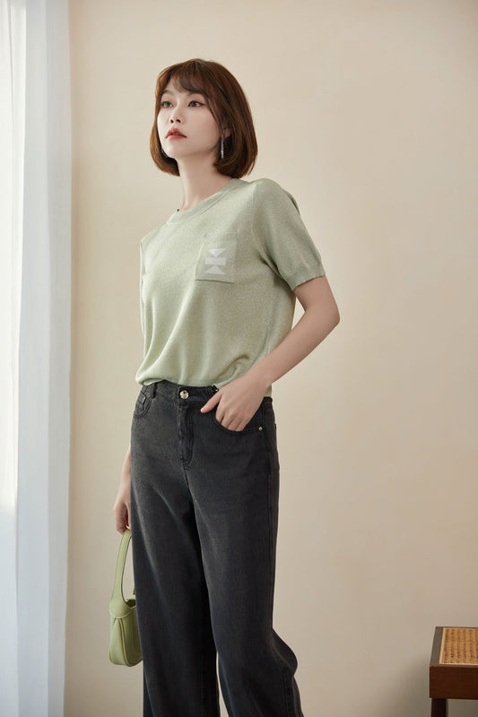 Green Short Sleeve Knit T-shirt - SHIMENG