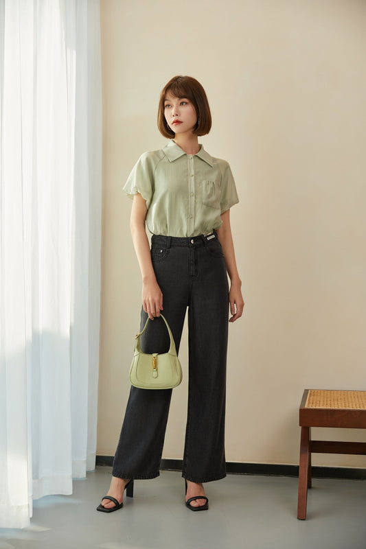 Grey Green Shirt Puffed Sleeves Pocket - SHIMENG