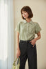 Grey Green Shirt Puffed Sleeves Pocket - SHIMENG