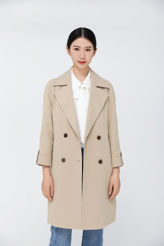 Khaki Double Breasted Collar Belted Trench Coat - SHIMENG