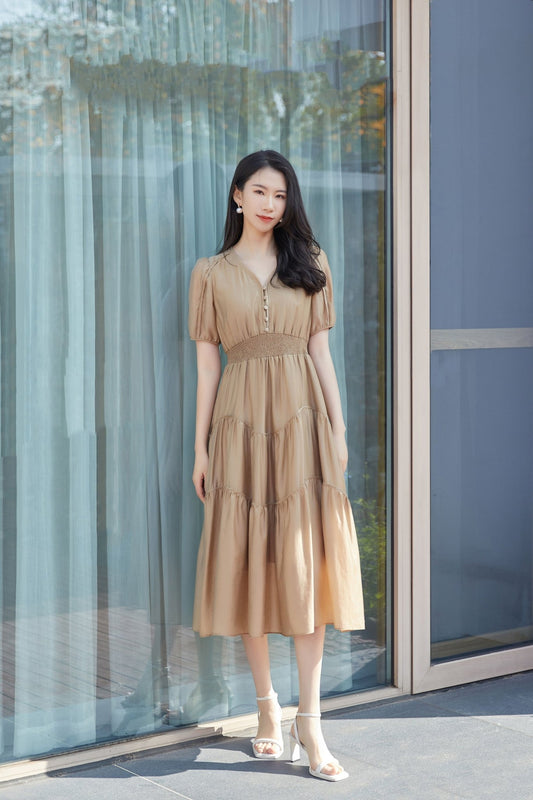 Khaki Grey Dress V Neck Puff Sleeve Waist - SHIMENG