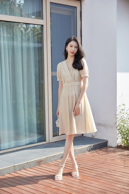 Khaki V Neck Waist Dress - SHIMENG