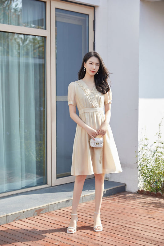 Khaki V Neck Waist Dress - SHIMENG