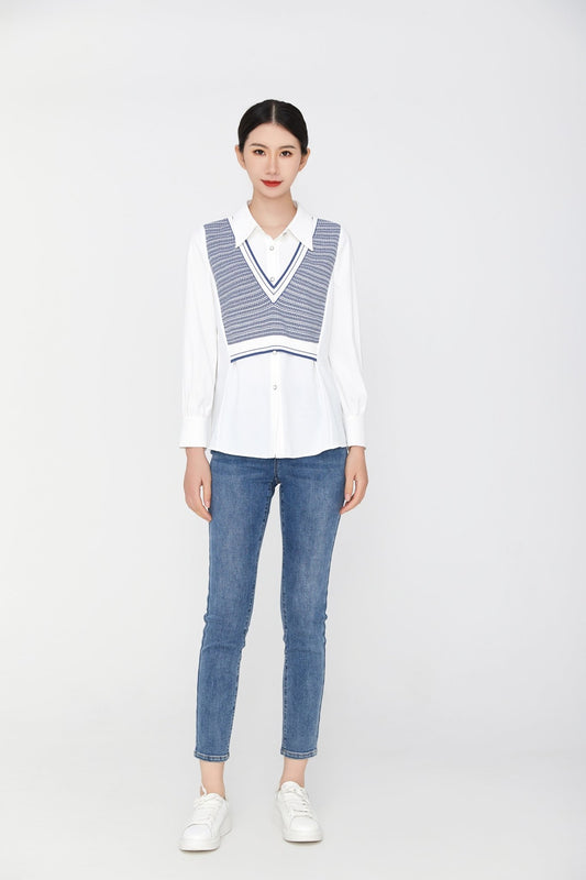 Knit Vest Fake Two-Piece Shirt - SHIMENG