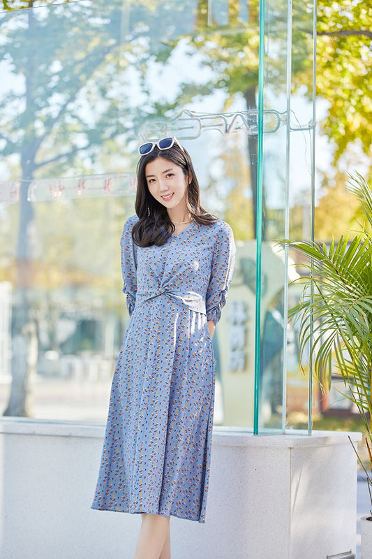 Lake Blue Silk Waist Dress Midi Sleeve - SHIMENG