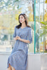 Lake Blue Silk Waist Dress Midi Sleeve - SHIMENG