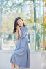 Lake Blue Silk Waist Dress Midi Sleeve - SHIMENG