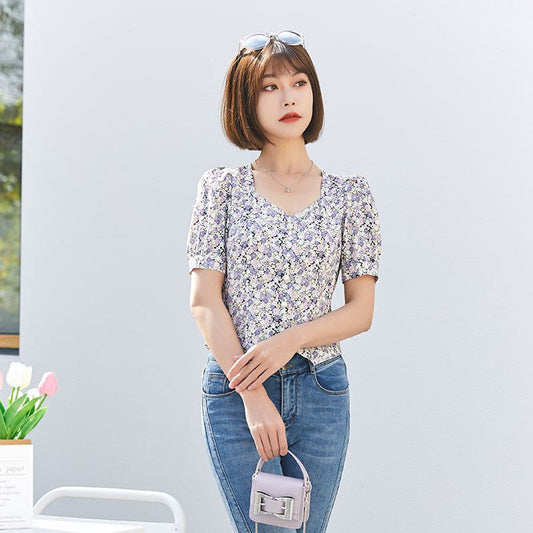 Lavender Ditsy Floral Puff Sleeve T-shirt - SHIMENG