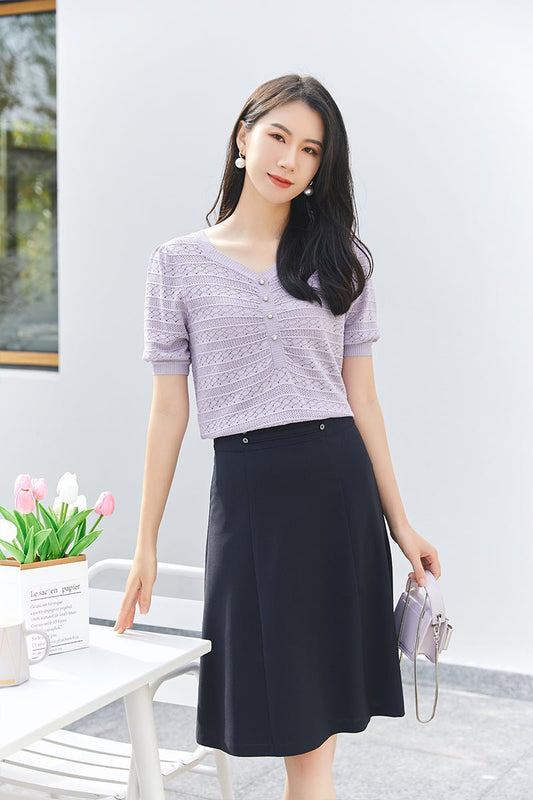 Lavender Knitted Hollow T-shirt - SHIMENG