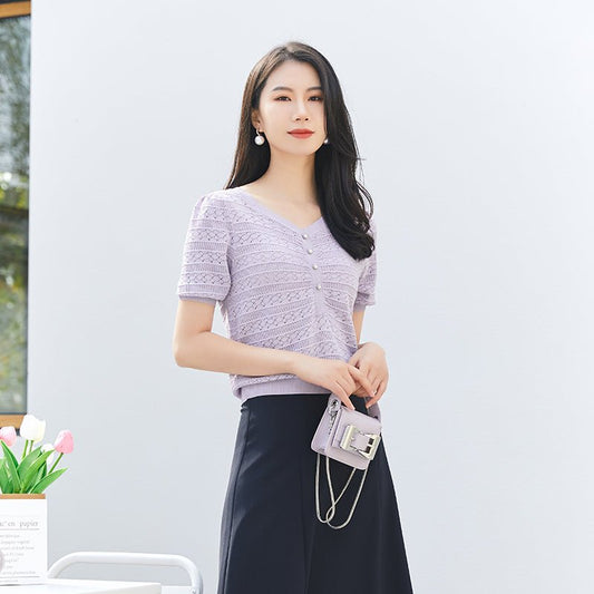 Lavender Knitted Hollow T-shirt - SHIMENG