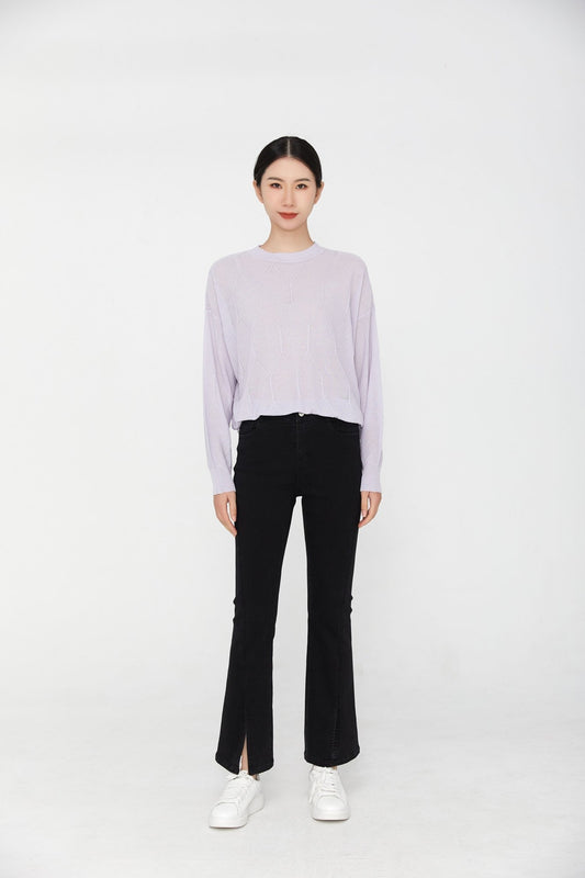 Lavender Long Sleeve Crew Neck Knitted Sweater - SHIMENG