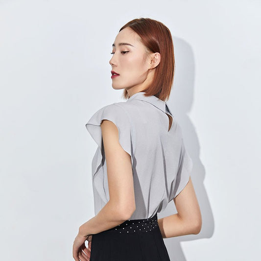 Light Grey Short Sleeve Ruff Silk T-shirt - SHIMENG
