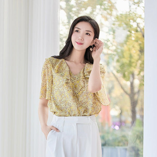 Light Yellow Short Sleeve Floral T-shirt - SHIMENG