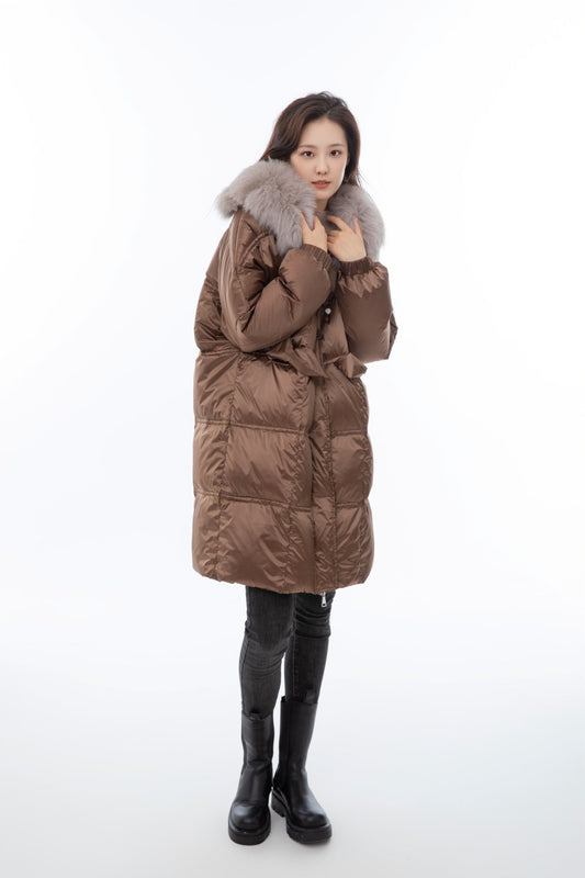 Luxurious Brown Fur Collar Down Jacket - SHIMENG